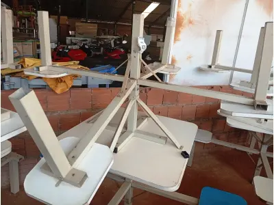 LOTE 473 - 02 MESAS P/REFEITÓRIO NA COR BRANCO, TAMPO EM MADEIRA COM 04 ASSENTOS CADA. (NO ESTADO) ATENÇÃO! FAZER A VISITAÇÃO ANTES DE ARREMATAR, NÃO SABEMOS SE FUNCIONA. LEILÃO NÃO TEM GARANTIA E NEM DEVOLUÇÃO, SUJEITO A POSSÍVEIS AVARIAS VISÍVEIS/OCULTAS E/OU AUSÊNCIA DE COMPONENTES.