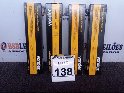 LOTE 138 - 04 MASSAS PARA CALAFETAR MARCA VONDER(NOVO). (NO ESTADO) ATENÇÃO! FAZER A VISITAÇÃO ANTES DE ARREMATAR, NÃO SABEMOS SE FUNCIONA. LEILÃO NÃO TEM GARANTIA E NEM DEVOLUÇÃO, SUJEITO A POSSÍVEIS AVARIAS VISÍVEIS/OCULTAS E/OU AUSÊNCIA DE COMPONENTES.
