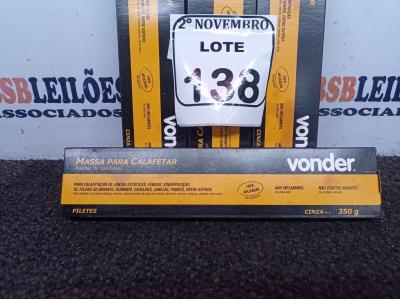 LOTE 138 - 04 MASSAS PARA CALAFETAR MARCA VONDER(NOVO). (NO ESTADO) ATENÇÃO! FAZER A VISITAÇÃO ANTES DE ARREMATAR, NÃO SABEMOS SE FUNCIONA. LEILÃO NÃO TEM GARANTIA E NEM DEVOLUÇÃO, SUJEITO A POSSÍVEIS AVARIAS VISÍVEIS/OCULTAS E/OU AUSÊNCIA DE COMPONENTES.