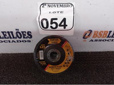 LOTE 054 - 10 DISCOS FLAP 115X22MM ÓXIDO DE ALUMÍNIO MARCA FERTAK(NOVO). (NO ESTADO) ATENÇÃO! FAZER A VISITAÇÃO ANTES DE ARREMATAR, NÃO SABEMOS SE FUNCIONA. LEILÃO NÃO TEM GARANTIA E NEM DEVOLUÇÃO, SUJEITO A POSSÍVEIS AVARIAS VISÍVEIS/OCULTAS E/OU AUSÊNCIA DE COMPONENTES.