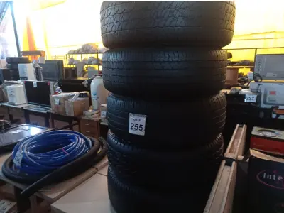 LOTE 255 - 05 PNEUS 265-70-18” USADOS. (NO ESTADO) ATENÇÃO! FAZER A VISITAÇÃO ANTES DE ARREMATAR, NÃO SABEMOS SE FUNCIONA. LEILÃO NÃO TEM GARANTIA E NEM DEVOLUÇÃO, SUJEITO A POSSÍVEIS AVARIAS VISÍVEIS/OCULTAS E/OU AUSÊNCIA DE COMPONENTES.
