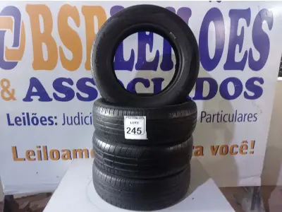 LOTE 245 - 04 PNEUS 185-65-15” USADOS. (NO ESTADO) ATENÇÃO! FAZER A VISITAÇÃO ANTES DE ARREMATAR, NÃO SABEMOS SE FUNCIONA. LEILÃO NÃO TEM GARANTIA E NEM DEVOLUÇÃO, SUJEITO A POSSÍVEIS AVARIAS VISÍVEIS/OCULTAS E/OU AUSÊNCIA DE COMPONENTES.