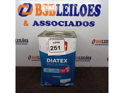 LOTE 251 - 01 LATA DE TINTA IQUINE DIATEX BASE P 18 L. (NO ESTADO) ATENÇÃO! FAZER A VISITAÇÃO ANTES DE ARREMATAR, NÃO SABEMOS SE FUNCIONA. LEILÃO NÃO TEM GARANTIA E NEM DEVOLUÇÃO, SUJEITO A POSSÍVEIS AVARIAS VISÍVEIS/OCULTAS E/OU AUSÊNCIA DE COMPONENTES.