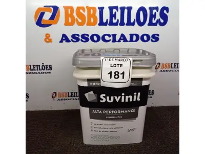 LOTE 181 - 01 GALÃO DE TINTA SUVINIL DE 18L PARA INTERIORES ACABAMENTO FOSCO BRANCO. (NOVO) (NO ESTADO) ATENÇÃO! FAZER A VISITAÇÃO ANTES DE ARREMATAR, NÃO SABEMOS SE FUNCIONA. LEILÃO NÃO TEM GARANTIA E NEM DEVOLUÇÃO, SUJEITO A POSSÍVEIS AVARIAS VISÍVEIS/OCULTAS E/OU AUSÊNCIA DE COMPONENTES.