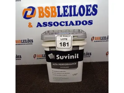 LOTE 181 - 01 GALÃO DE TINTA SUVINIL DE 18L PARA INTERIORES ACABAMENTO FOSCO BRANCO. (NOVO) (NO ESTADO) ATENÇÃO! FAZER A VISITAÇÃO ANTES DE ARREMATAR, NÃO SABEMOS SE FUNCIONA. LEILÃO NÃO TEM GARANTIA E NEM DEVOLUÇÃO, SUJEITO A POSSÍVEIS AVARIAS VISÍVEIS/OCULTAS E/OU AUSÊNCIA DE COMPONENTES.
