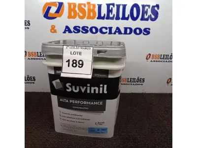 LOTE 189 - 01 BALDE DE TINTA SUVINIL INTERIORES ACRÍLICO FOSCO 18L NA COR FOSCO BRANCO. VENCIMENTO 10/2027 (NOVO) (NO ESTADO) ATENÇÃO! FAZER A VISITAÇÃO ANTES DE ARREMATAR, NÃO SABEMOS SE FUNCIONA. LEILÃO NÃO TEM GARANTIA E NEM DEVOLUÇÃO, SUJEITO A POSSÍVEIS AVARIAS VISÍVEIS/OCULTAS E/OU AUSÊNCIA DE COMPONENTES.