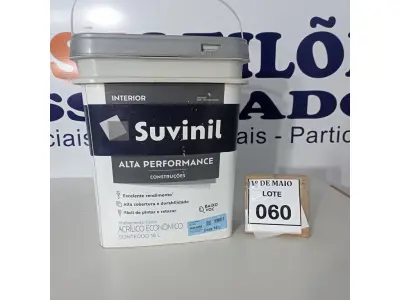 LOTE 060 - 01 BALDE DE TINTA SUVINIL INTERIORES FOSCOS 18L NA COR FOSCO BRANCO. VENCIMENTO 10/2027 (NOVO) (NO ESTADO) ATENÇÃO! FAZER A VISITAÇÃO ANTES DE ARREMATAR, NÃO SABEMOS SE FUNCIONA. LEILÃO NÃO TEM GARANTIA E NEM DEVOLUÇÃO, SUJEITO A POSSÍVEIS AVARIAS VISÍVEIS/OCULTAS E/OU AUSÊNCIA DE COMPONENTES.