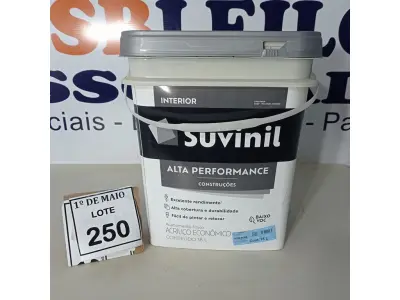 LOTE 250 - 01 BALDE DE TINTA SUVINIL INTERIORES FOSCOS 18L NA COR FOSCO BRANCO. VENCIMENTO 10/2027 (NOVO) (NO ESTADO) ATENÇÃO! FAZER A VISITAÇÃO ANTES DE ARREMATAR, NÃO SABEMOS SE FUNCIONA. LEILÃO NÃO TEM GARANTIA E NEM DEVOLUÇÃO, SUJEITO A POSSÍVEIS AVARIAS VISÍVEIS/OCULTAS E/OU AUSÊNCIA DE COMPONENTES.