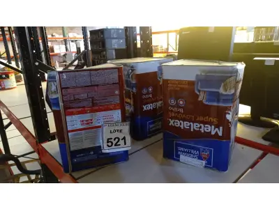 LOTE 521 - 03 LATAS DE TINTA ACRÍLICA METALATEX SHERWIN-WILLIAMS 16L NA COR PALHA. (NO ESTADO) ATENÇÃO! FAZER A VISITAÇÃO ANTES DE ARREMATAR, NÃO SABEMOS SE FUNCIONA, LEILÃO NÃO TEM GARANTIA E NEM DEVOLUÇÃO, SUJEITO A POSSÍVEIS AVARIAS VISÍVEIS/OCULTAS E/OU AUSÊNCIA DE COMPONENTES.