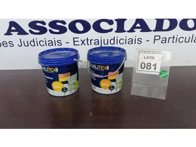 LOTE 081 - 02 TINTAS PARA INTERIORES COR AMARELO SOL E AREIA 3,6L MARCA QUALITEX. (NO ESTADO) ATENÇÃO! FAZER A VISITAÇÃO ANTES DE ARREMATAR, NÃO SABEMOS SE FUNCIONA. LEILÃO NÃO TEM GARANTIA E NEM DEVOLUÇÃO, SUJEITO A POSSÍVEIS AVARIAS VISÍVEIS/OCULTAS E/OU AUSÊNCIA DE COMPONENTES.