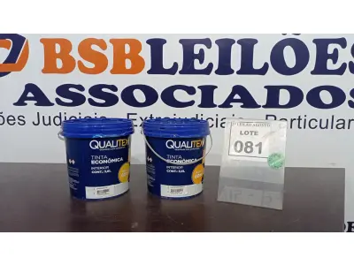 LOTE 081 - 02 TINTAS PARA INTERIORES COR AMARELO SOL E AREIA 3,6L MARCA QUALITEX. (NO ESTADO) ATENÇÃO! FAZER A VISITAÇÃO ANTES DE ARREMATAR, NÃO SABEMOS SE FUNCIONA. LEILÃO NÃO TEM GARANTIA E NEM DEVOLUÇÃO, SUJEITO A POSSÍVEIS AVARIAS VISÍVEIS/OCULTAS E/OU AUSÊNCIA DE COMPONENTES.