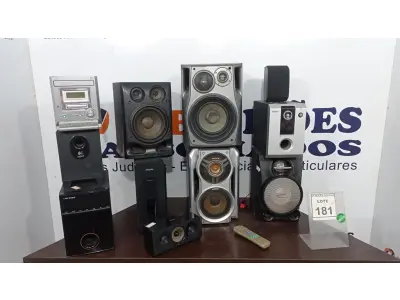 LOTE 181 - 01 SISTEMA DE SOM ESTÉREO MARCA PANASONIC, 01 SUBWOOFER MARCA EDIFIER COM 09 CAIXAS E CONTROLE. (NO ESTADO) ATENÇÃO! FAZER A VISITAÇÃO ANTES DE ARREMATAR, NÃO SABEMOS SE FUNCIONA. LEILÃO NÃO TEM GARANTIA E NEM DEVOLUÇÃO, SUJEITO A POSSÍVEIS AVARIAS VISÍVEIS/OCULTAS E/OU AUSÊNCIA DE COMPONENTES.