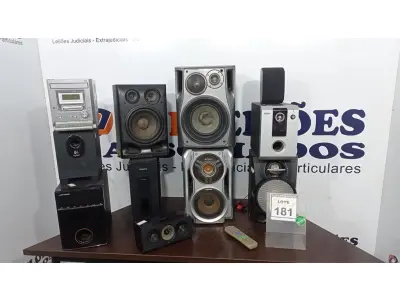 LOTE 181 - 01 SISTEMA DE SOM ESTÉREO MARCA PANASONIC, 01 SUBWOOFER MARCA EDIFIER COM 09 CAIXAS E CONTROLE. (NO ESTADO) ATENÇÃO! FAZER A VISITAÇÃO ANTES DE ARREMATAR, NÃO SABEMOS SE FUNCIONA. LEILÃO NÃO TEM GARANTIA E NEM DEVOLUÇÃO, SUJEITO A POSSÍVEIS AVARIAS VISÍVEIS/OCULTAS E/OU AUSÊNCIA DE COMPONENTES.