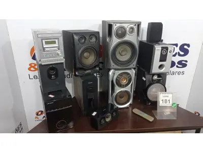 LOTE 181 - 01 SISTEMA DE SOM ESTÉREO MARCA PANASONIC, 01 SUBWOOFER MARCA EDIFIER COM 09 CAIXAS E CONTROLE. (NO ESTADO) ATENÇÃO! FAZER A VISITAÇÃO ANTES DE ARREMATAR, NÃO SABEMOS SE FUNCIONA. LEILÃO NÃO TEM GARANTIA E NEM DEVOLUÇÃO, SUJEITO A POSSÍVEIS AVARIAS VISÍVEIS/OCULTAS E/OU AUSÊNCIA DE COMPONENTES.
