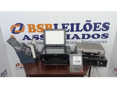 LOTE 106 - 01 GAVETA DE DINHEIRO, 01 IMPRESSORA MARCA CANON, 01 APARELHO DE VÍDEO CASSETE E 01 SCANNER MARCA AVISION. (NO ESTADO) ATENÇÃO! FAZER A VISITAÇÃO ANTES DE ARREMATAR, NÃO SABEMOS SE FUNCIONA, LEILÃO NÃO TEM GARANTIA E NEM DEVOLUÇÃO, SUJEITO A POSSÍVEIS AVARIAS VISÍVEIS/OCULTAS E/OU AUSÊNCIA DE COMPONENTES.