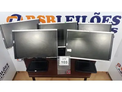LOTE 103 - 05 MONITORES MARCA HP. (NO ESTADO) ATENÇÃO! FAZER A VISITAÇÃO ANTES DE ARREMATAR, NÃO SABEMOS SE FUNCIONA, LEILÃO NÃO TEM GARANTIA E NEM DEVOLUÇÃO, SUJEITO A POSSÍVEIS AVARIAS VISÍVEIS/OCULTAS E/OU AUSÊNCIA DE COMPONENTES.
