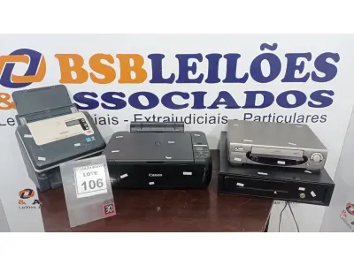 LOTE 106 - 01 GAVETA DE DINHEIRO, 01 IMPRESSORA MARCA CANON, 01 APARELHO DE VÍDEO CASSETE E 01 SCANNER MARCA AVISION. (NO ESTADO) ATENÇÃO! FAZER A VISITAÇÃO ANTES DE ARREMATAR, NÃO SABEMOS SE FUNCIONA, LEILÃO NÃO TEM GARANTIA E NEM DEVOLUÇÃO, SUJEITO A POSSÍVEIS AVARIAS VISÍVEIS/OCULTAS E/OU AUSÊNCIA DE COMPONENTES.