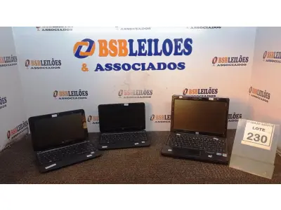 LOTE 230 - 03 NETBOOKS PARA RETIRADA DE PEÇAS. (NO ESTADO) ATENÇÃO! FAZER A VISITAÇÃO ANTES DE ARREMATAR, NÃO SABEMOS SE FUNCIONA, LEILÃO NÃO TEM GARANTIA E NEM DEVOLUÇÃO, SUJEITO A POSSÍVEIS AVARIAS VISÍVEIS/OCULTAS E/OU AUSÊNCIA DE COMPONENTES.