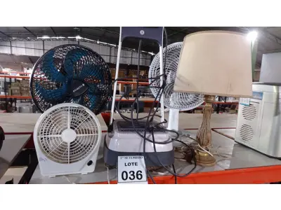 LOTE 036 - 03 VENTILADORES MARCAS E MODELOS DIVERSOS, 01 ABAJUR E 01 ENCERADEIRA MARCA ELECTROLUX. (NO ESTADO) ATENÇÃO! FAZER A VISITAÇÃO ANTES DE ARREMATAR, NÃO SABEMOS SE FUNCIONA, LEILÃO NÃO TEM GARANTIA E NEM DEVOLUÇÃO, SUJEITO A POSSÍVEIS AVARIAS VISÍVEIS/OCULTAS E/OU AUSÊNCIA DE COMPONENTES.
