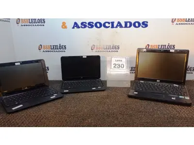 LOTE 230 - 03 NETBOOKS PARA RETIRADA DE PEÇAS. (NO ESTADO) ATENÇÃO! FAZER A VISITAÇÃO ANTES DE ARREMATAR, NÃO SABEMOS SE FUNCIONA, LEILÃO NÃO TEM GARANTIA E NEM DEVOLUÇÃO, SUJEITO A POSSÍVEIS AVARIAS VISÍVEIS/OCULTAS E/OU AUSÊNCIA DE COMPONENTES.
