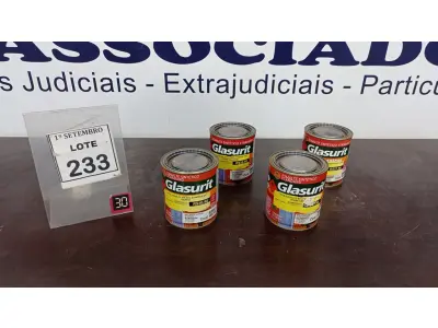 LOTE 233 - 04 LATAS DE ESMALTE SINTÉTICO DE 900ML CORES VARIADAS MARCA GLASURIT. (NO ESTADO) ATENÇÃO! FAZER A VISITAÇÃO ANTES DE ARREMATAR, NÃO SABEMOS SE FUNCIONA, LEILÃO NÃO TEM GARANTIA E NEM DEVOLUÇÃO, SUJEITO A POSSÍVEIS AVARIAS VISÍVEIS/OCULTAS E/OU AUSÊNCIA DE COMPONENTES.