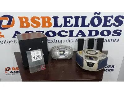 LOTE 126 - 02 RÁDIOS MICRO SYSTEM PORTÁTEIS, 03 MINIS CAIXAS DE SOM E 01 SUBWOOFER. (NO ESTADO) ATENÇÃO! FAZER A VISITAÇÃO ANTES DE ARREMATAR, NÃO SABEMOS SE FUNCIONA, LEILÃO NÃO TEM GARANTIA E NEM DEVOLUÇÃO, SUJEITO A POSSÍVEIS AVARIAS VISÍVEIS/OCULTAS E/OU AUSÊNCIA DE COMPONENTES.