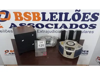 LOTE 126 - 02 RÁDIOS MICRO SYSTEM PORTÁTEIS, 03 MINIS CAIXAS DE SOM E 01 SUBWOOFER. (NO ESTADO) ATENÇÃO! FAZER A VISITAÇÃO ANTES DE ARREMATAR, NÃO SABEMOS SE FUNCIONA, LEILÃO NÃO TEM GARANTIA E NEM DEVOLUÇÃO, SUJEITO A POSSÍVEIS AVARIAS VISÍVEIS/OCULTAS E/OU AUSÊNCIA DE COMPONENTES.