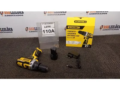 LOTE 110 - 01 PARAFUSADEIRA A BATERIA 12V 2BITS E CARREGADOR. (NO ESTADO) ATENÇÃO! FAZER A VISITAÇÃO ANTES DE ARREMATAR, NÃO SABEMOS SE FUNCIONA, LEILÃO NÃO TEM GARANTIA E NEM DEVOLUÇÃO, SUJEITO A POSSÍVEIS AVARIAS VISÍVEIS/OCULTAS E/OU AUSÊNCIA DE COMPONENTES.