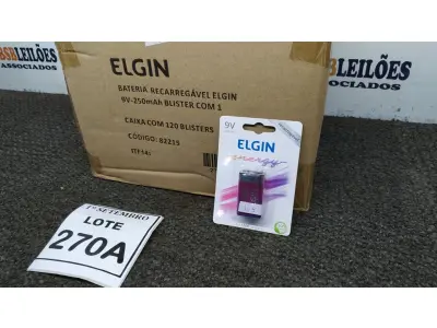 LOTE 270 - 01 CAIXA COM 120 BLISTERS BATERIA RECARREGÁVEL ELGIN 9V-250MAH. (NO ESTADO) ATENÇÃO! FAZER A VISITAÇÃO ANTES DE ARREMATAR, NÃO SABEMOS SE FUNCIONA, LEILÃO NÃO TEM GARANTIA E NEM DEVOLUÇÃO, SUJEITO A POSSÍVEIS AVARIAS VISÍVEIS/OCULTAS E/OU AUSÊNCIA DE COMPONENTES.