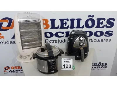 LOTE 103 - 01 AIR FRYER MARCA MONDIAL, 01 PANELA ELÉTRICA MARCA ELECTROLUX E 01 AQUECEDOR MARCA BRITÂNIA. (NO ESTADO) ATENÇÃO! FAZER A VISITAÇÃO ANTES DE ARREMATAR, NÃO SABEMOS SE FUNCIONA, LEILÃO NÃO TEM GARANTIA E NEM DEVOLUÇÃO, SUJEITO A POSSÍVEIS AVARIAS VISÍVEIS/OCULTAS E/OU AUSÊNCIA DE COMPONENTES.