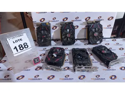 LOTE 188 - 06 PLACAS DE VÍDEO. (NO ESTADO) ATENÇÃO! FAZER A VISITAÇÃO ANTES DE ARREMATAR, NÃO SABEMOS SE FUNCIONA, LEILÃO NÃO TEM GARANTIA E NEM DEVOLUÇÃO, SUJEITO A POSSÍVEIS AVARIAS VISÍVEIS/OCULTAS E/OU AUSÊNCIA DE COMPONENTES.