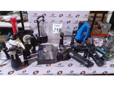 LOTE 219 - 01 LOTE COM VARIA LANTERNAS DE MARCAS E MODELOS DIVERSOS, 03 MASSAGEADORES INCOMPLETOS E 01 APARELHO DE TELEFONE MARCA INTELBRAS. (NO ESTADO) ATENÇÃO! FAZER A VISITAÇÃO ANTES DE ARREMATAR, NÃO SABEMOS SE FUNCIONA, LEILÃO NÃO TEM GARANTIA E NEM DEVOLUÇÃO, SUJEITO A POSSÍVEIS AVARIAS VISÍVEIS/OCULTAS E/OU AUSÊNCIA DE COMPONENTES.