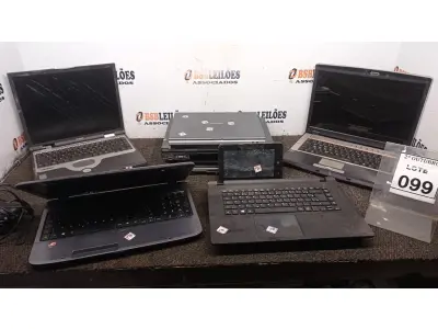 LOTE 099 - 07 NOTEBOOKS PARA RETIRADA DE PEÇAS DE MARCAS E MODELOS DIVERSOS, 01 COOLER DE NOTEBOOK E 01 TECLADO. (NO ESTADO) ATENÇÃO! FAZER A VISITAÇÃO ANTES DE ARREMATAR, NÃO SABEMOS SE FUNCIONA, LEILÃO NÃO TEM GARANTIA E NEM DEVOLUÇÃO, SUJEITO A POSSÍVEIS AVARIAS VISÍVEIS/OCULTAS E/OU AUSÊNCIA DE COMPONENTES.