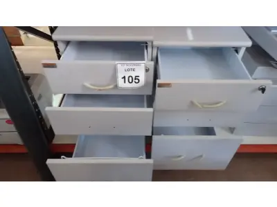 LOTE 105 - 02 GAVETEIROS COM RODINHAS COM 03 GAVETAS CADA. (NO ESTADO) ATENÇÃO! FAZER A VISITAÇÃO ANTES DE ARREMATAR, NÃO SABEMOS SE FUNCIONA, LEILÃO NÃO TEM GARANTIA E NEM DEVOLUÇÃO, SUJEITO A POSSÍVEIS AVARIAS VISÍVEIS/OCULTAS E/OU AUSÊNCIA DE COMPONENTES.