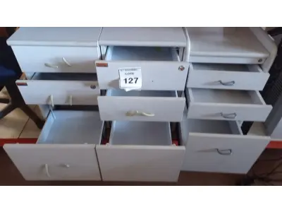 LOTE 127 - 02 GAVETEIROS 03 GAVETAS CADA. (NO ESTADO) ATENÇÃO! FAZER A VISITAÇÃO ANTES DE ARREMATAR, NÃO SABEMOS SE FUNCIONA, LEILÃO NÃO TEM GARANTIA E NEM DEVOLUÇÃO, SUJEITO A POSSÍVEIS AVARIAS VISÍVEIS/OCULTAS E/OU AUSÊNCIA DE COMPONENTES.