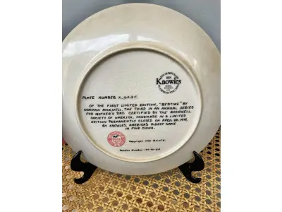 LOTE 129 - 01 PRATO NORMAN ROCKWELL PARA O DIA DAS MÃES – HORA DE DORMIR, 1978. ESTE SERIA UM ÓTIMO PRESENTE PARA QUALQUER PESSOA NASCIDA EM 1978 OU PARA TODAS AS MÃES, PRATO DE PORCELANA FINA DA SÉRIE LIMITADA FECHADA PERMANENTEMENTE EM 28 DE ABRIL DE 1978 POR KNOWLES "BEDTIME", DEDICADA AO DIA DAS MÃES, COMPRADO NOVO NA THE BRADFORD EXCHANGE EM 1978 E FABRICADO PELA KNOWLES FINE CHINA. A IMAGEM FOI CRIADA PELO ARTISTA NORMAN ROCKWELL E É CERTIFICADA PELA ROCKWELL SOCIETY OFF AMÉRICA. OS PRATOS DA SÉRIE "DIA DAS MÃES" ERAM LANÇADOS ANUALMENTE E EXIBIAM O ANO DE EMISSÃO E A PALAVRA "DIA DAS MÃES" DECORATIVAMENTE GRAVADA EM CADA FACE DO PRATO. ITEM COMPRADO EM GARAGEM DE ANTIGUIDADES NOS EUA OBSERVAÇÃO: O SUPORTE DE MOSTRADO NAS FOTOS NÃO ESTÁ INCLUÍDO. (NO ESTADO) ATENÇÃO! FAZER A VISITAÇÃO ANTES DE ARREMATAR, NÃO SABEMOS SE FUNCIONA, LEILÃO NÃO TEM GARANTIA E NEM DEVOLUÇÃO, SUJEITO A POSSÍVEIS AVARIAS VISÍVEIS/OCULTAS E/OU AUSÊNCIA DE COMPONENTES.