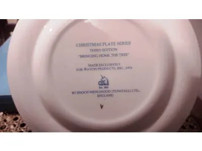 LOTE 299 - 01 LINDO PRATO DE NATAL DA SÉRIE AVON CHRISTMAS PLATE DE 1976, " BRINGING HOME THE TREE" - TERCEIRA  EDIÇÃO DA SÉRIE. COM 22 CM DE DIÂMETRO E RETRATA UM GRUPO DE PESSOAS PATINANDO NA NEVE . O VERSO MARCADO COM DOIS ANÉIS DE OURO 22K.FEITO EXCLUSIVAMENTE PARA A AVON CTS INC., 1976 POR ENOCH WEDGWOOD (TUNSTALL) LTD, INGLATERRA.PEÇA COMPRADA EM GARAGEM DE ANTIGUIDADES NOS EUA. SUPORTE PARA PRATO NÃO INCLUÍDO NESTA VENDA. (NO ESTADO) ATENÇÃO! FAZER A VISITAÇÃO ANTES DE ARREMATAR, NÃO SABEMOS SE FUNCIONA, LEILÃO NÃO TEM GARANTIA E NEM DEVOLUÇÃO, SUJEITO A POSSÍVEIS AVARIAS VISÍVEIS/OCULTAS E/OU AUSÊNCIA DE COMPONENTES.