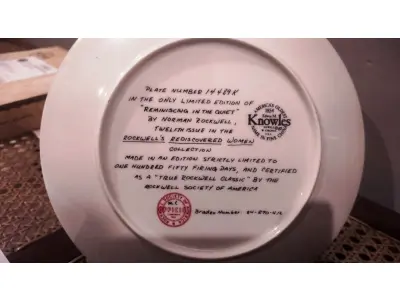 LOTE 315 - 01 PRATO COLECIONÁVEL EMITIDO PELA KNOWLES CHINA.ESTA EDIÇÃO LIMITADA É UM DESIGN DE NORMAN ROCKWELL E É CHAMADA DE "REMINISCING IN THE QUIET" (REMINISCÊNCIAS NO SILÊNCIO).DA "REDISCOVERED WOMEN COLLECTION" DE ROCKWELL. ROCKWELL REALMENTE RETRATOU A SIMPLICIDADE DA VIDA AMERICANA, AQUELES MOMENTOS RICOS QUE TODOS NÓS VALORIZAMOS. O PRATO COM 21,5 CM DE  DIÂMETRO. NUMERADO 14489K.UMA EDIÇÃO LIMITADA, ORIGINAL OX E COA INCLUÍDOS. ÓTIMA COR, ESTILO E CONDIÇÃO. COM CERTIFICADO DE AUTENTICIDADE E OS FOLHETOS ORIGINAL DA ÉPOCA E NOTA DE COMPRA DATA EM, 28/05/1981.ITEM COMPRADO E GARAGENS DE ANTIGUIDADES NOS EUA. SUPORTE PARA PRATO NÃO INCLUÍDO NESTA VENDA. (NO ESTADO) ATENÇÃO! FAZER A VISITAÇÃO ANTES DE ARREMATAR, NÃO SABEMOS SE FUNCIONA, LEILÃO NÃO TEM GARANTIA E NEM DEVOLUÇÃO, SUJEITO A POSSÍVEIS AVARIAS VISÍVEIS/OCULTAS E/OU AUSÊNCIA DE COMPONENTES.