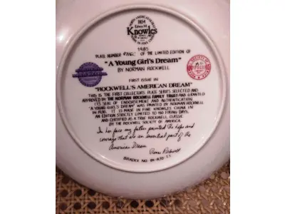 01 PRATO DE PORCELANA COLECIONÁVEL. ASSINATURA KNOWLES 1985 NOME EM PORCELANA FINA DA EDIÇÃO LIMITADA "ROCKWELL'S AMERICAN DREAM" DE 1985. A PLACA TEM SEU PRÓPRIO NÚMERO INDIVIDUAL NA SÉRIE 4716C  E UM NÚMERO NA LISTA INTERNACIONAL DE PLACAS DE COLECIONADOR BRADEX N.º 84 - R70 - 7. 1 COM DECORAÇÃO DE NORMAN ROCKWELL. TEMA  'O SONHO DE UMA JOVEM'. O PRIMEIRO DA SÉRIE AUTORIZADO PELA FAMÍLIA DO AUTOR.PORCELANA FORTE, NOBRE E RESSONANTE. FORMATO LEVEMENTE SEMI PROFUNDO, DECORAÇÃO PICTÓRICA CHARMOSA COM ACABAMENTO ACETINADO. CORES INTERESSANTES BORDA DOURADA. ASSINATURA DO AUTOR NO ANVERSO E NO REVERSO. PARA DECORAÇÃO, COM 21 CM DE DIAMETRO COM CAIXA CERTIFICADO DE AUTENTICIDADE E FOLHETOS ORIGINAIS. (NO ESTADO) ATENÇÃO! FAZER A VISITAÇÃO ANTES DE ARREMATAR, NÃO SABEMOS SE FUNCIONA, LEILÃO NÃO TEM GARANTIA E NEM DEVOLUÇÃO, SUJEITO A POSSÍVEIS AVARIAS VISÍVEIS/OCULTAS E/OU AUSÊNCIA DE COMPONENTES.