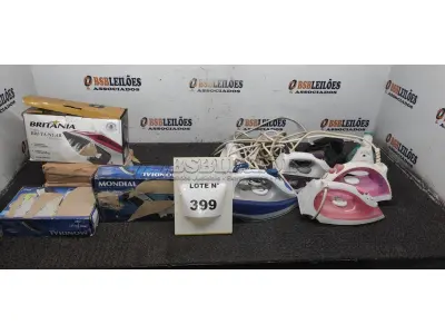 08 FERROS DE PASSAR DE MARCAS E MODELOS DIVERSOS. (NO ESTADO) ATENÇÃO! FAZER A VISITAÇÃO ANTES DE ARREMATAR, NÃO SABEMOS SE FUNCIONA, LEILÃO NÃO TEM GARANTIA E NEM DEVOLUÇÃO, SUJEITO A POSSÍVEIS AVARIAS VISÍVEIS/OCULTAS E/OU AUSÊNCIA DE COMPONENTES.
