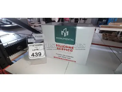 01 CAIXA COM 24 SILICONES ACÉTICO INCOLOR DE 240G CADA MARCA MONUMENTAL. (NO ESTADO) ATENÇÃO! FAZER A VISITAÇÃO ANTES DE ARREMATAR, NÃO SABEMOS SE FUNCIONA, LEILÃO NÃO TEM GARANTIA E NEM DEVOLUÇÃO, SUJEITO A POSSÍVEIS AVARIAS VISÍVEIS/OCULTAS E/OU AUSÊNCIA DE COMPONENTES.