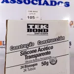 LOTE 105 - 01 CAIXA COM SILICONE ACÉTICO TRANSPARENTE 24 BISNAGAS. (NO ESTADO, LEILÃO NÃO TEM GARANTIA E NEM DEVOLUÇÃO, SUJEITO A POSSÍVEIS AVARIAS VISÍVEIS/OCULTAS E/OU AUSÊNCIA DE COMPONENTES).