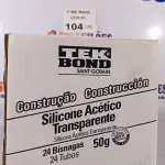 LOTE 104 - 01 CAIXA COM SILICONE ACÉTICO TRANSPARENTE 24 BISNAGAS. (NO ESTADO, LEILÃO NÃO TEM GARANTIA E NEM DEVOLUÇÃO, SUJEITO A POSSÍVEIS AVARIAS VISÍVEIS/OCULTAS E/OU AUSÊNCIA DE COMPONENTES).