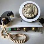 LOTE 084 - RARO TELEFONE ANOS 70. EM PLÁSTICO CROMADO E MECANISMO EM CAIXA DE ACRÍLICO MEDIDAS 24 CM COMP X 14,5 CM LARG X 19 CM ALT (NO ESTADO)