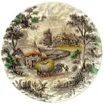 LOTE 096 - BELÍSSIMO E RARO PRATO DECORATIVO IMPORTADO DE MÓVEL OU PAREDE, EXECUTADO EM PORCELANA INGLESA, YORKSHIRE - SR STAFFORD SHIRE - ENGLAND (NO ESTADO)
