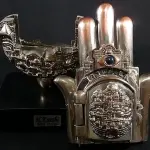 LOTE 285 - KARSHI RARO GRUPO ESCULTÓRICO EM METAL ESPESSURADO A PRATA DE LEI 925 MILÉSIMOS, CONTRASTADA NA BASE E SELADA, REPRESENTA HAMSÁ, COM CIDADE DE JERUSALÉM EM RELEVO NA PARTE CENTRAL, ONDE SE ABRE A PORTA PARA ACESSO A PÁGINA DO ALCORÃO., 21 CM DE ALT.(NO ESTADO)