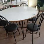 LOTE 142 - 01 MESA DE FERRO COM BASE DOBRÁVEL, TAMPO EM MADEIRA E 06 CADEIRAS DE FERRO COM ASSENTO ALMOFADADO. (NO ESTADO) ATENÇÃO! FAZER A VISITAÇÃO ANTES DE ARREMATAR, NÃO SABEMOS SE FUNCIONA. LEILÃO NÃO TEM GARANTIA E NEM DEVOLUÇÃO, SUJEITO A POSSÍVEIS AVARIAS VISÍVEIS/OCULTAS E/OU AUSÊNCIA DE COMPONENTES.
