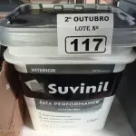 LOTE 117 - 01 BALDE DE TINTA SUVINIL INTERIORES NA COR FOSCO BRANCO 18L. (NO ESTADO) ATENÇÃO! FAZER A VISITAÇÃO ANTES DE ARREMATAR, NÃO SABEMOS SE FUNCIONA. LEILÃO NÃO TEM GARANTIA E NEM DEVOLUÇÃO, SUJEITO A POSSÍVEIS AVARIAS VISÍVEIS/OCULTAS E/OU AUSÊNCIA DE COMPONENTES.