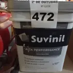LOTE 472 - 01 BALDE DE TINTA SUVINIL INTERIORES NA COR FOSCO BRANCO 18L. (NO ESTADO) ATENÇÃO! FAZER A VISITAÇÃO ANTES DE ARREMATAR, NÃO SABEMOS SE FUNCIONA. LEILÃO NÃO TEM GARANTIA E NEM DEVOLUÇÃO, SUJEITO A POSSÍVEIS AVARIAS VISÍVEIS/OCULTAS E/OU AUSÊNCIA DE COMPONENTES.