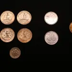 LOTE 039 - LOTE 39 – MOEDAS ESTADOS UNIDOS, PARAGUAI E URUGUAI 	MOEDA	OBSERVAÇÕES 1.		Quarter Dollar – (1965,1970, 1972 e 1980)	4 unidades 2.		One Dime – (1965)	1 unidade 3.		10 Guaranies – Alimentos para o mundo (1978 e 1986)	2 unidades 4.		10 Pesos (1968)	1 unidade